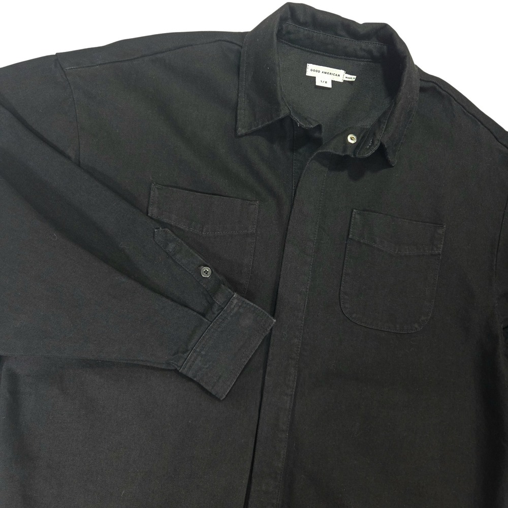 Good American Denim Shacket Women Sz 1/2 Black Snap Button Oversized Baggy NWOT